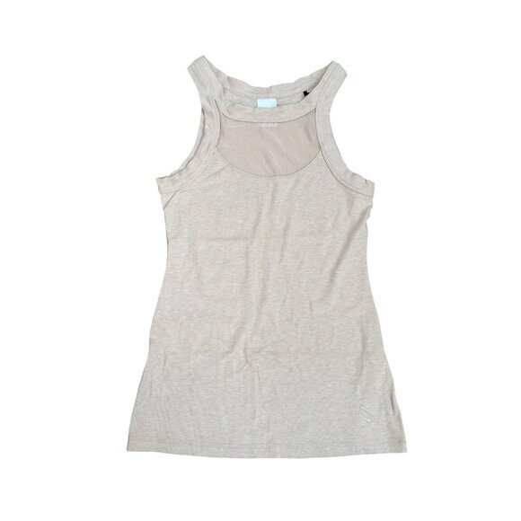 Womens Ribbed Racerback Tank Top Beige Sleeveless Lightweight Stretchy Mesh Deta - Picture 1 of 5